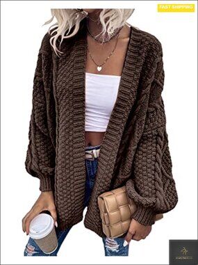 Oversized Cable Knit Lantern Sleeve Cardigan Sweater V-Neck Long Sleeve